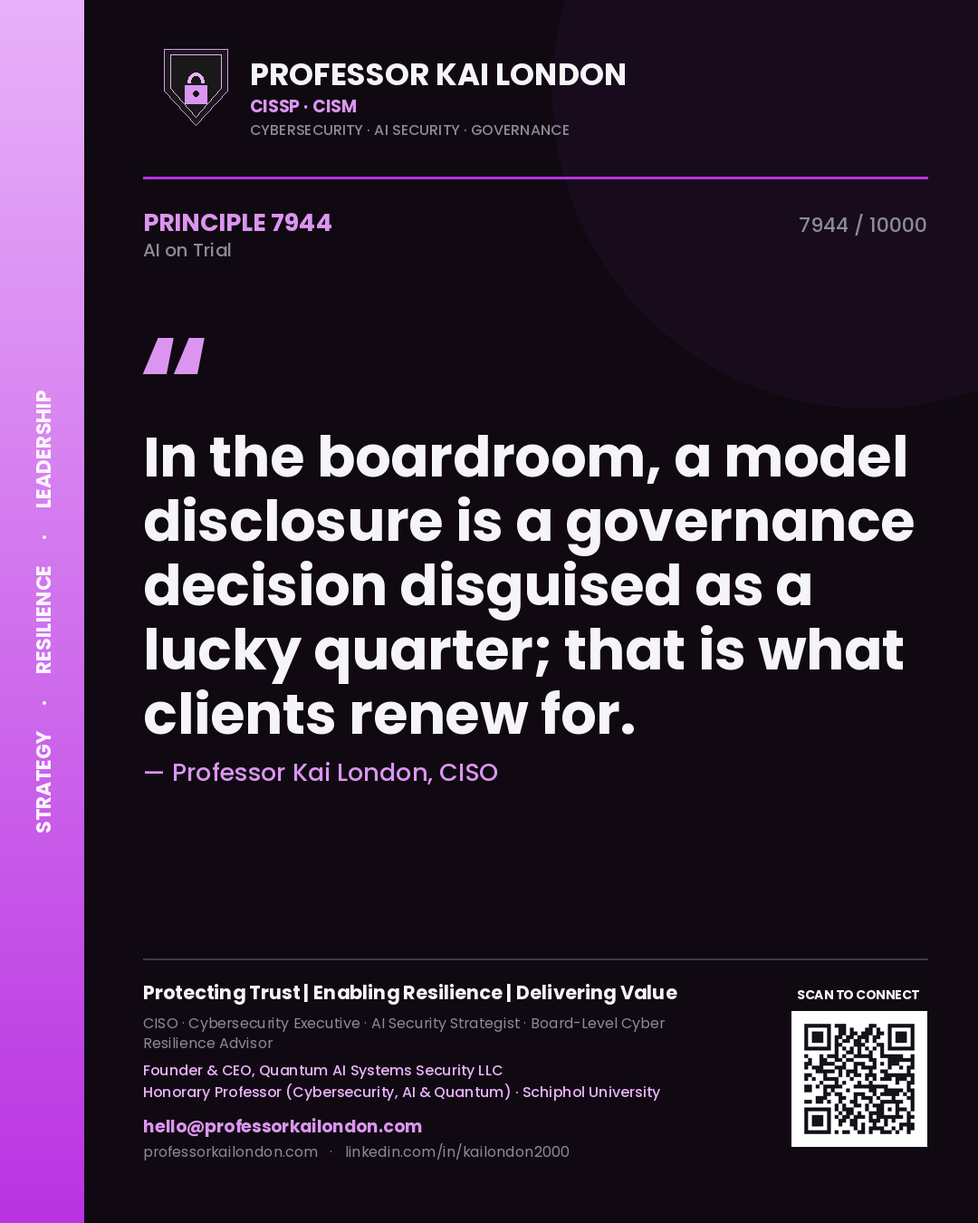 Quote card by Professor Kai London reading 'In the boardroom, a model disclosure is a governance decision disguised as a lucky quarter; that is what clients renew for.'. From the book AI on Trial.