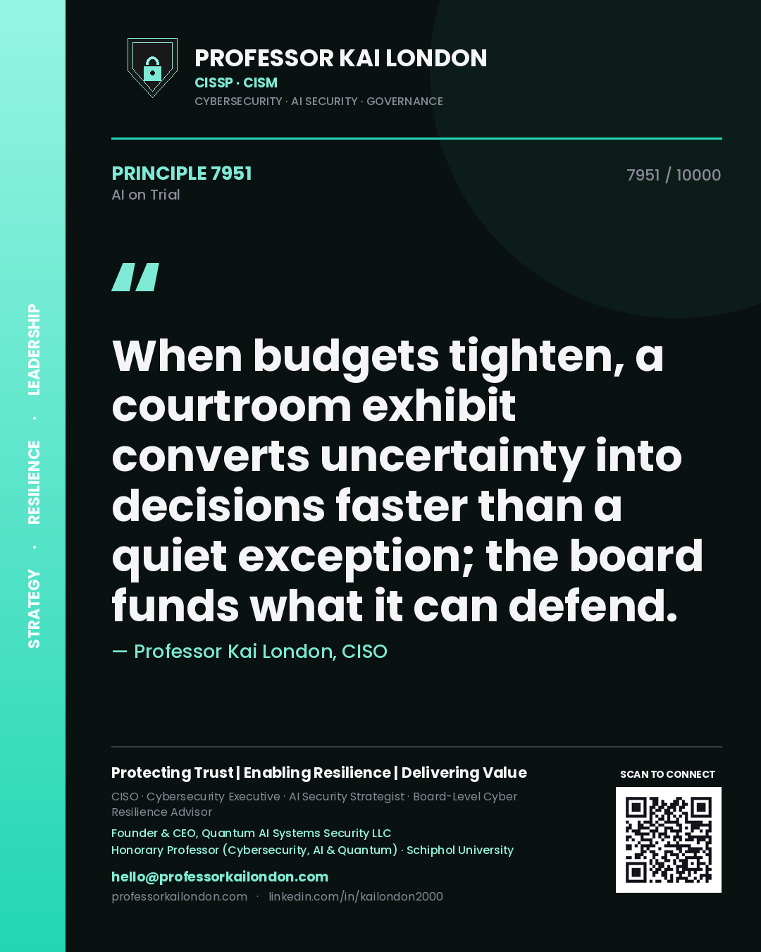Quote card by Professor Kai London reading 'When budgets tighten, a courtroom exhibit converts uncertainty into decisions faster than a quiet exception; the board funds what it can defend.'. From the book AI on Trial.