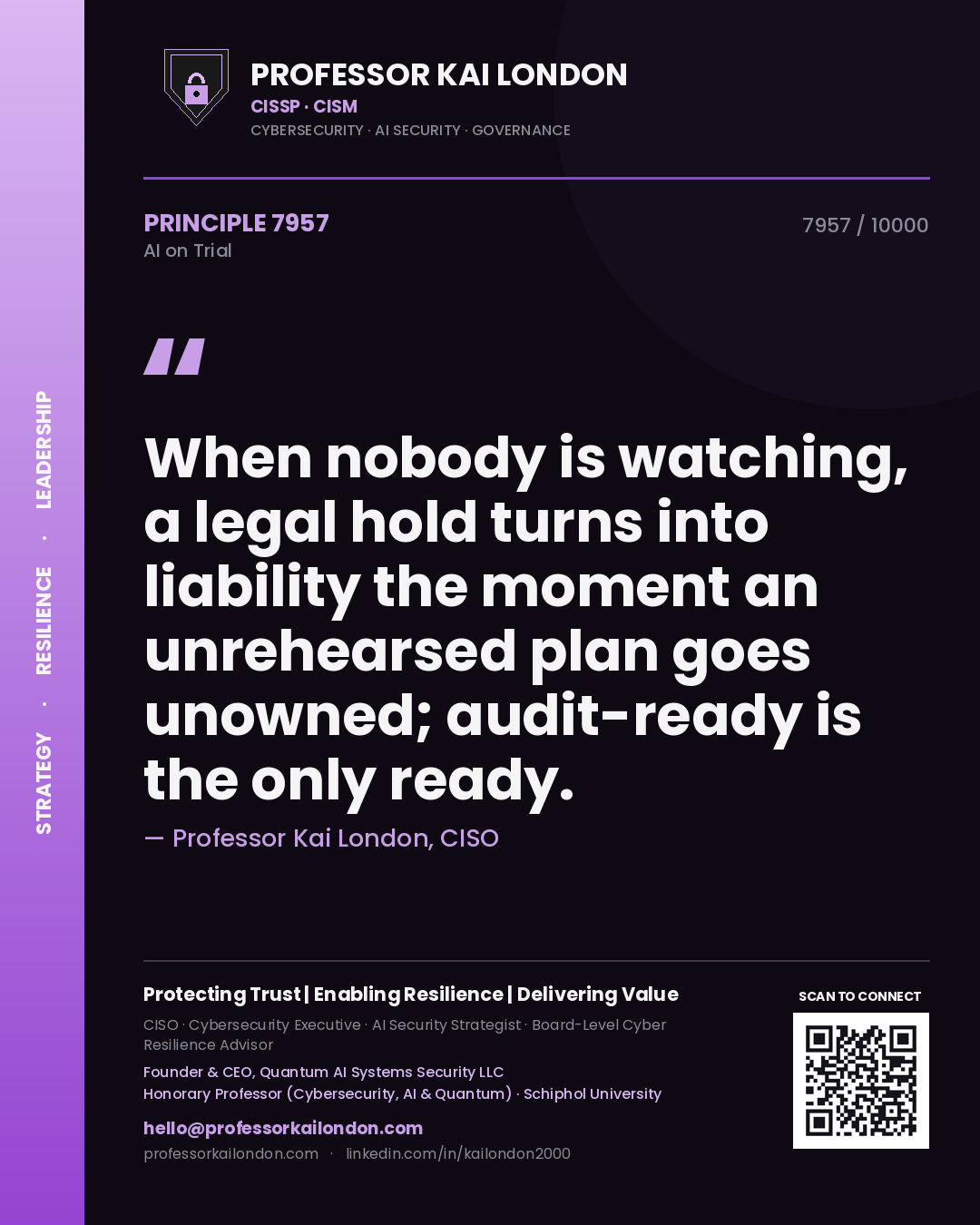 Quote card by Professor Kai London reading 'When nobody is watching, a legal hold turns into liability the moment an unrehearsed plan goes unowned; audit-ready is the only ready.'. From the book AI on Trial.