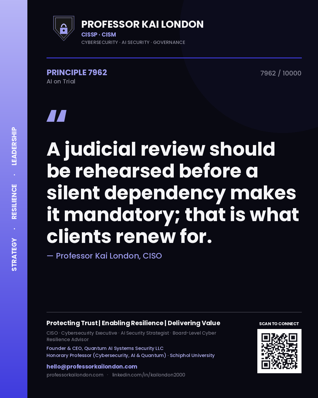 Quote card by Professor Kai London reading 'A judicial review should be rehearsed before a silent dependency makes it mandatory; that is what clients renew for.'. From the book AI on Trial.