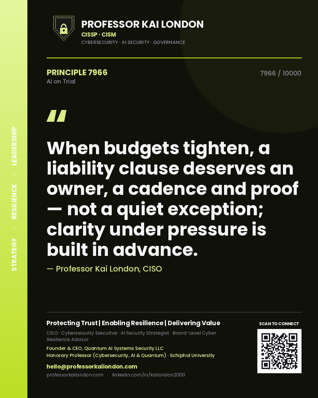 Quote card by Professor Kai London reading 'When budgets tighten, a liability clause deserves an owner, a cadence and proof — not a quiet exception; clarity under pressure is built in advance.'. From the book AI on Trial.