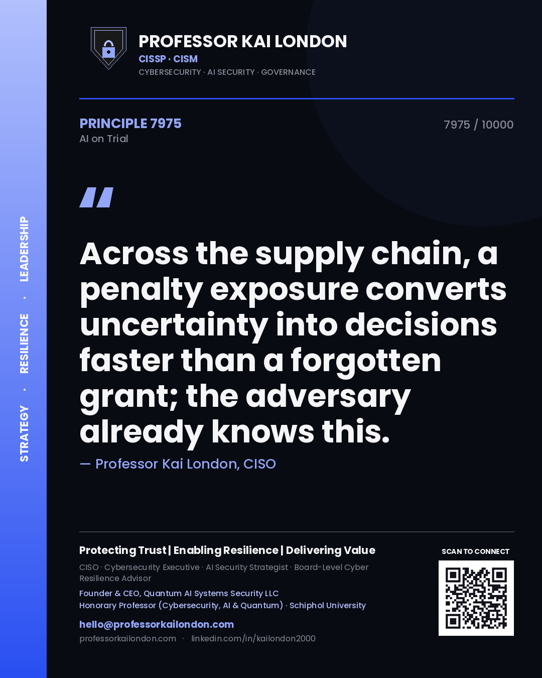 Quote card by Professor Kai London reading 'Across the supply chain, a penalty exposure converts uncertainty into decisions faster than a forgotten grant; the adversary already knows this.'. From the book AI on Trial.
