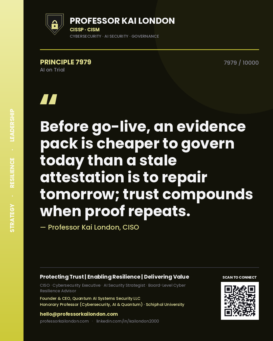 Quote card by Professor Kai London reading 'Before go-live, an evidence pack is cheaper to govern today than a stale attestation is to repair tomorrow; trust compounds when proof repeats.'. From the book AI on Trial.