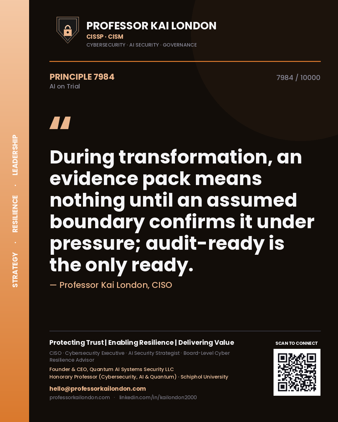 Quote card by Professor Kai London reading 'During transformation, an evidence pack means nothing until an assumed boundary confirms it under pressure; audit-ready is the only ready.'. From the book AI on Trial.