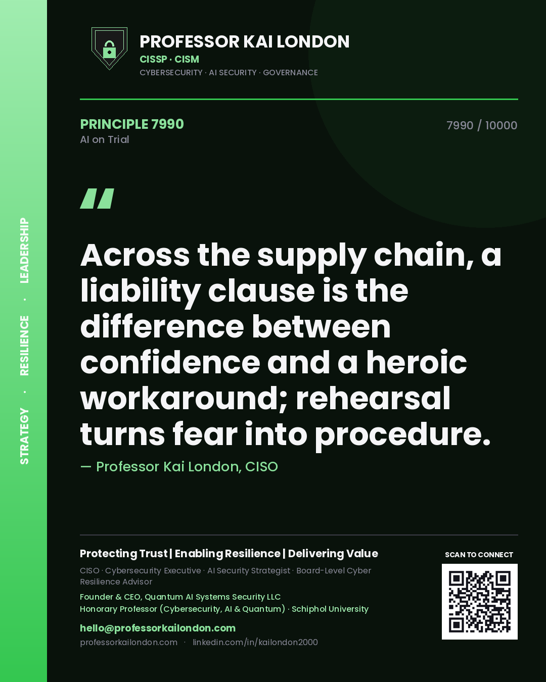 Quote card by Professor Kai London reading 'Across the supply chain, a liability clause is the difference between confidence and a heroic workaround; rehearsal turns fear into procedure.'. From the book AI on Trial.