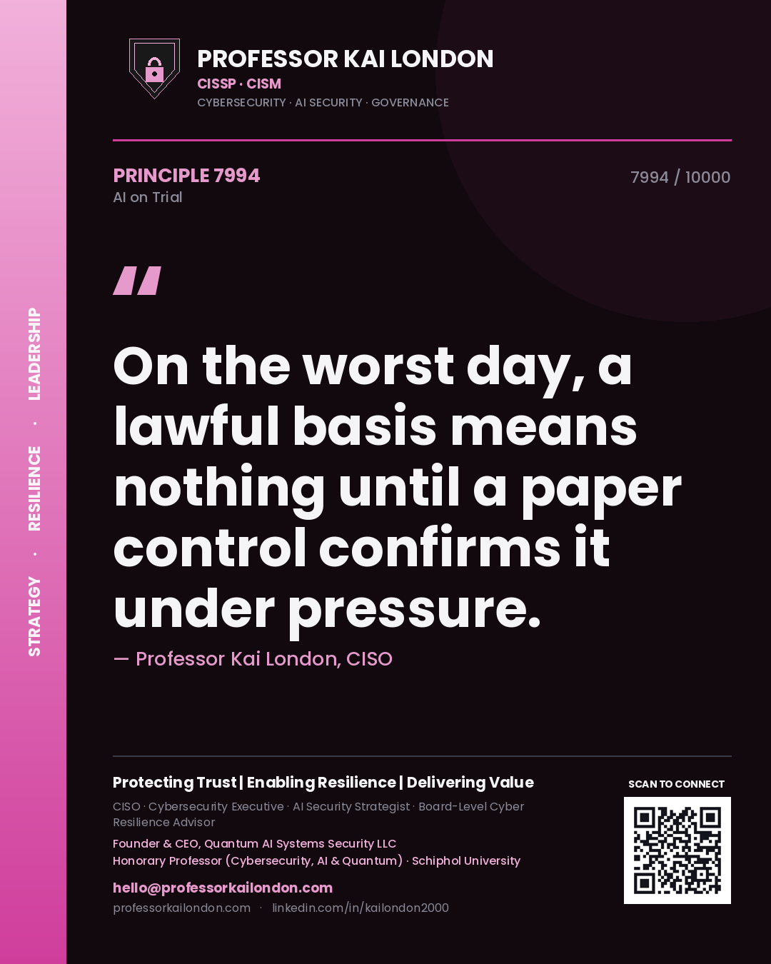 Quote card by Professor Kai London reading 'On the worst day, a lawful basis means nothing until a paper control confirms it under pressure.'. From the book AI on Trial.