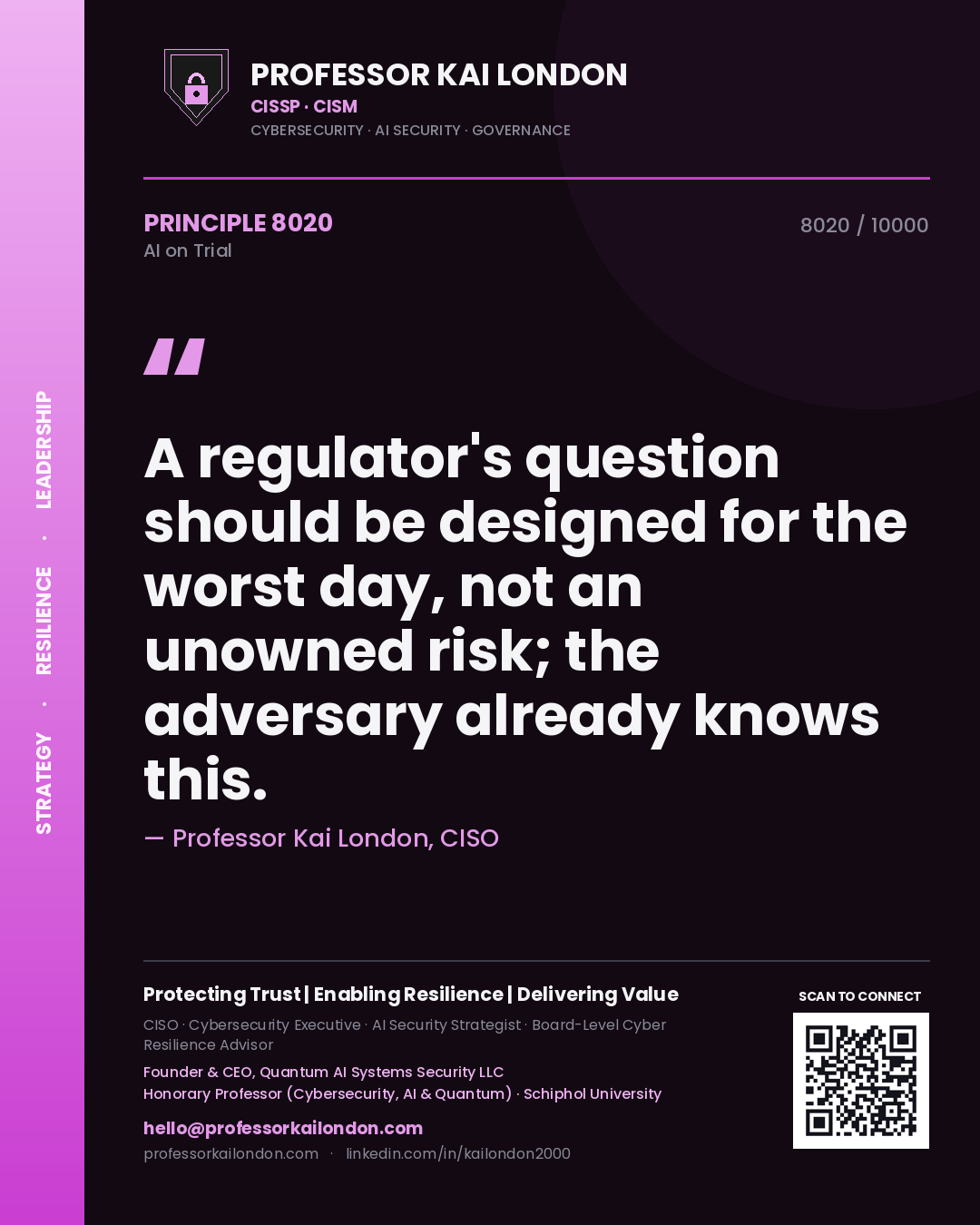 Professor Kai London principle 8020: A regulator's question should be designed for the worst day, not an unowned risk; the adversary already knows this.