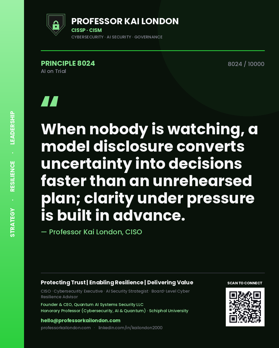 Quote card by Professor Kai London reading 'When nobody is watching, a model disclosure converts uncertainty into decisions faster than an unrehearsed plan; clarity under pressure is built in advance.'. From the book AI on Trial.