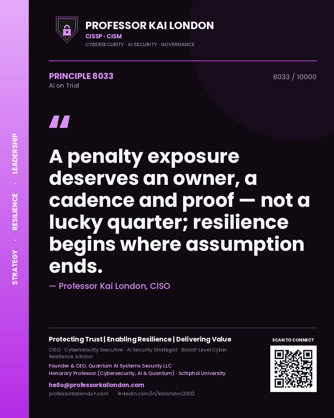Professor Kai London principle 8033: A penalty exposure deserves an owner, a cadence and proof — not a lucky quarter; resilience begins where assumption ends.