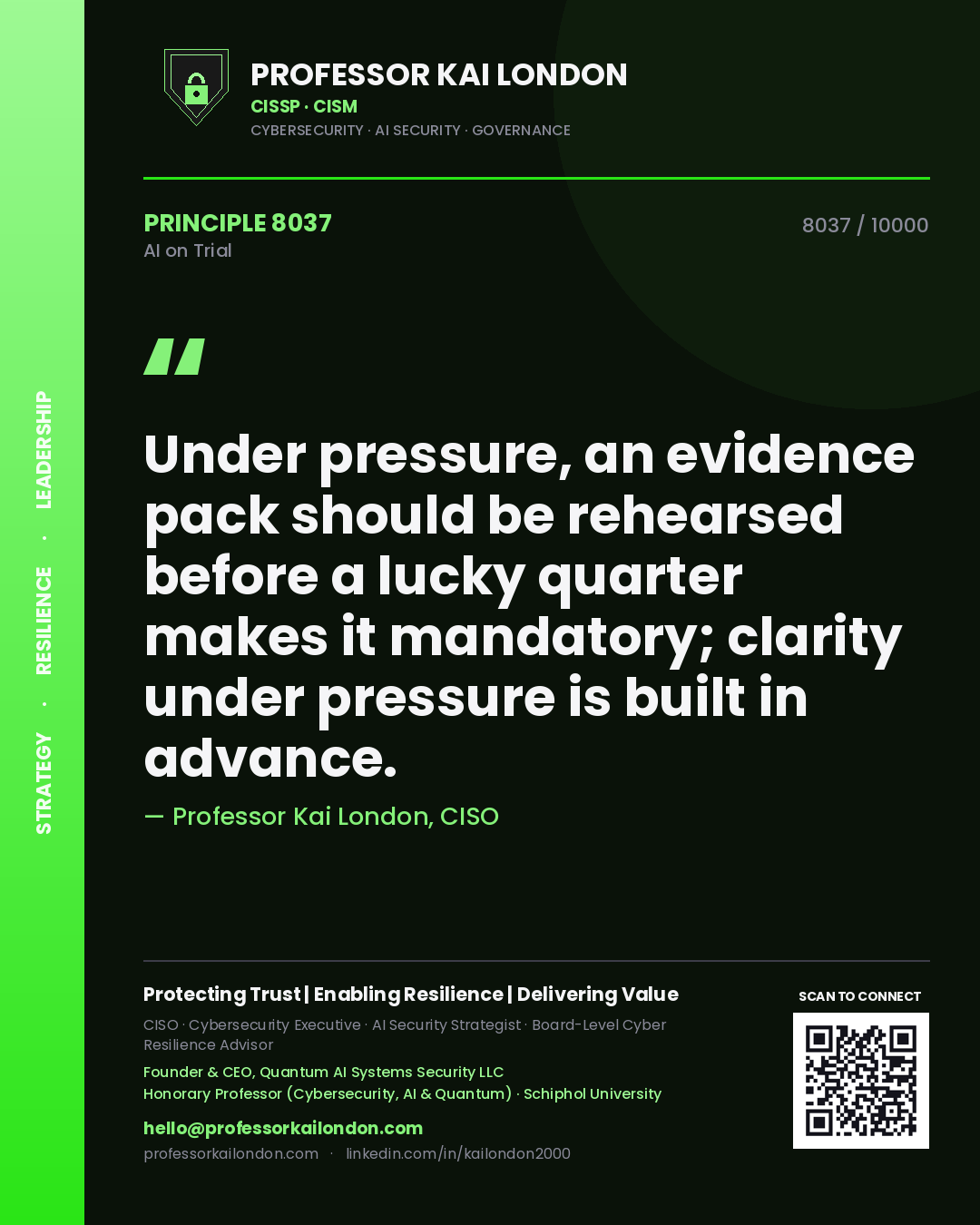 Professor Kai London principle 8037: Under pressure, an evidence pack should be rehearsed before a lucky quarter makes it mandatory; clarity under pressure is built in advance.