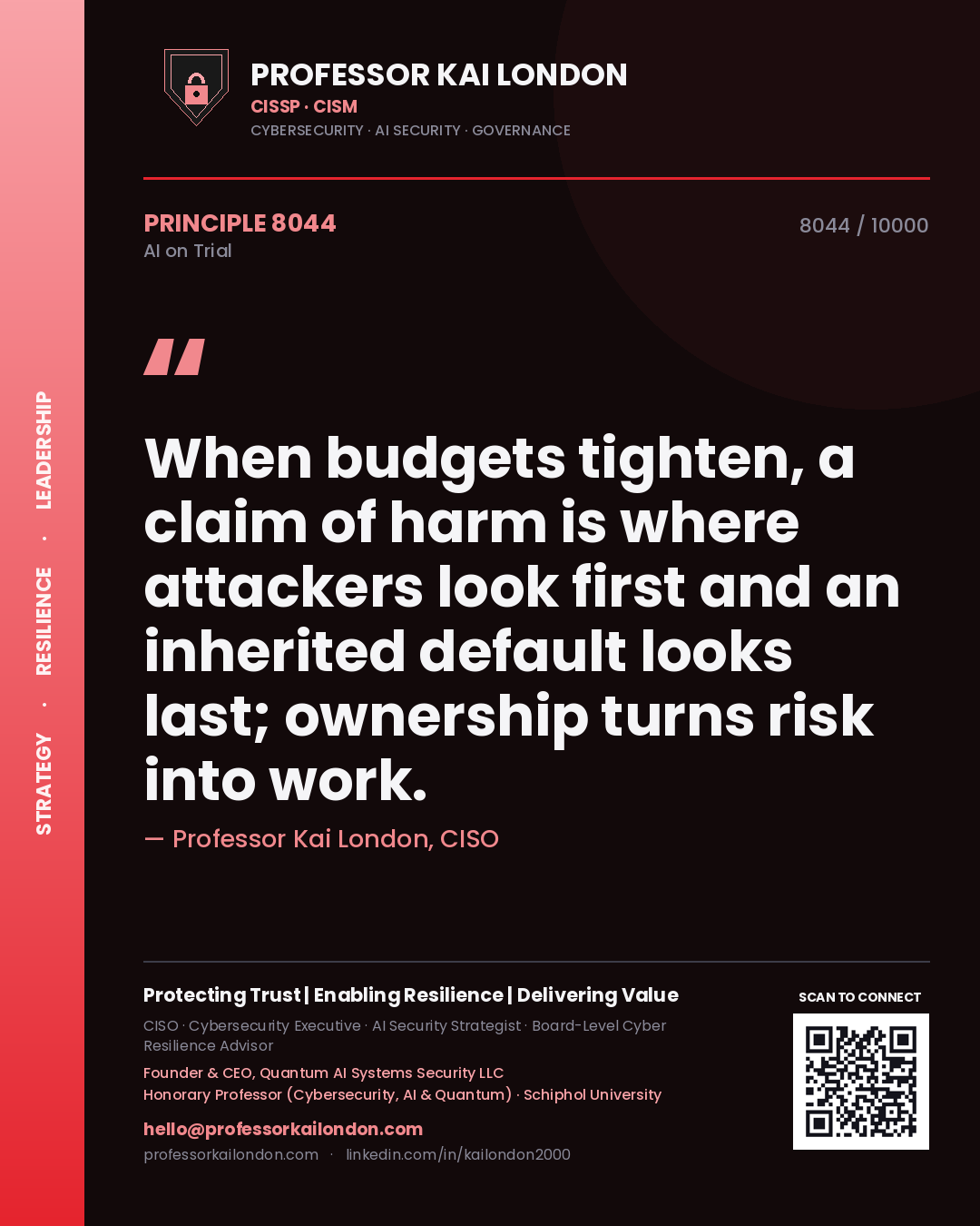 Professor Kai London principle 8044: When budgets tighten, a claim of harm is where attackers look first and an inherited default looks last; ownership turns risk into work.