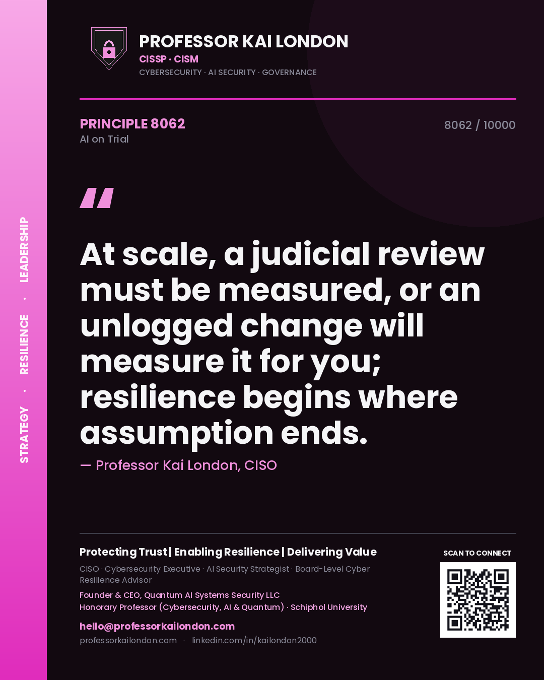 Quote card by Professor Kai London reading 'At scale, a judicial review must be measured, or an unlogged change will measure it for you; resilience begins where assumption ends.'. From the book AI on Trial.