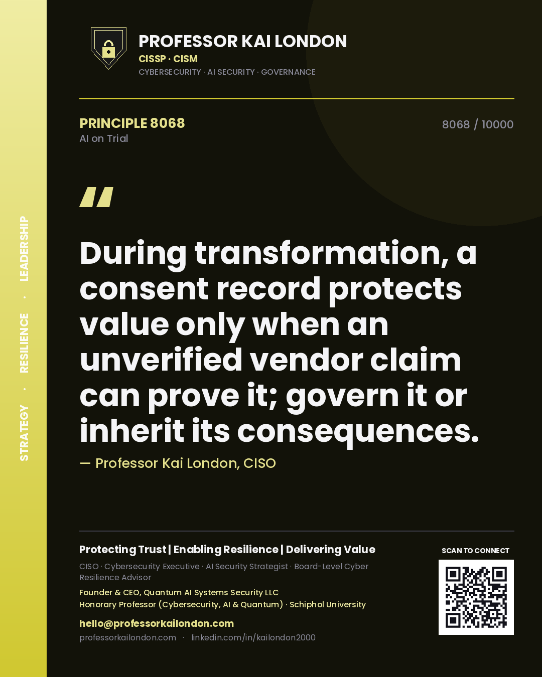 Professor Kai London principle 8068: During transformation, a consent record protects value only when an unverified vendor claim can prove it; govern it or inherit its consequences.
