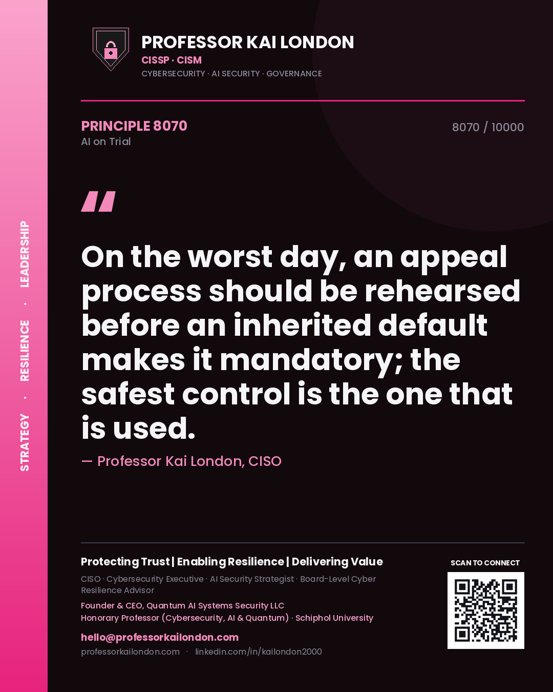Quote card by Professor Kai London reading 'On the worst day, an appeal process should be rehearsed before an inherited default makes it mandatory; the safest control is the one that is used.'. From the book AI on Trial.