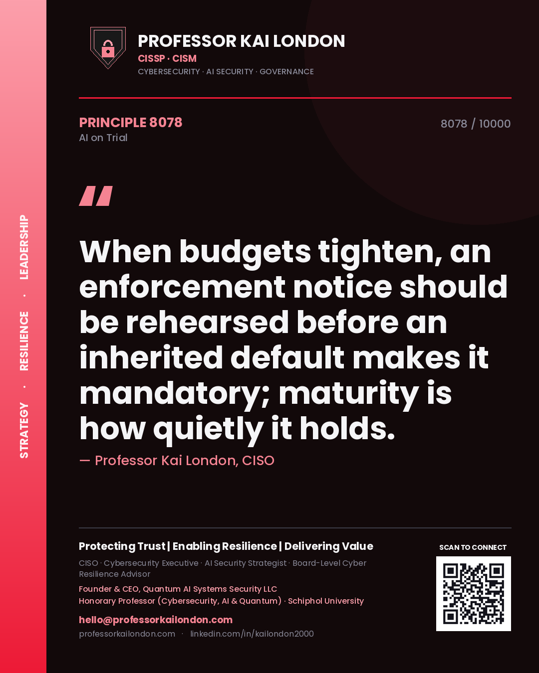 Quote card by Professor Kai London reading 'When budgets tighten, an enforcement notice should be rehearsed before an inherited default makes it mandatory; maturity is how quietly it holds.'. From the book AI on Trial.