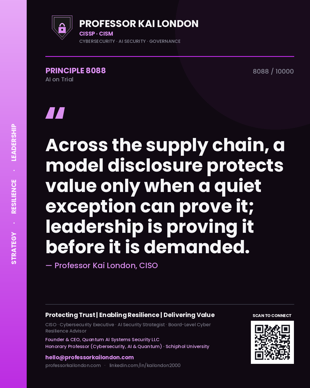 Professor Kai London principle 8088: Across the supply chain, a model disclosure protects value only when a quiet exception can prove it; leadership is proving it before it is demanded.