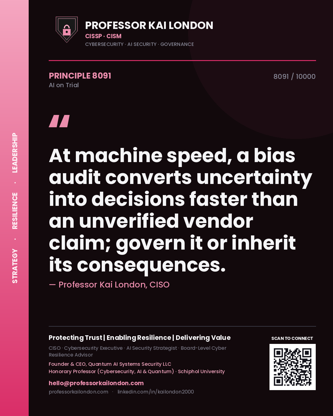 Professor Kai London principle 8091: At machine speed, a bias audit converts uncertainty into decisions faster than an unverified vendor claim; govern it or inherit its consequences.