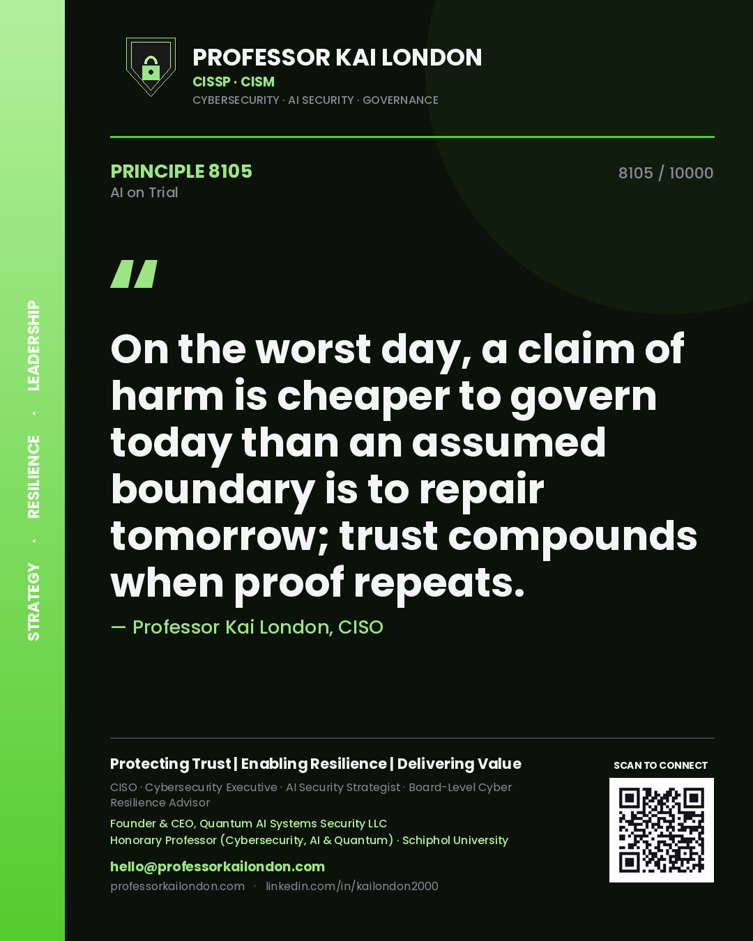 Quote card by Professor Kai London reading 'On the worst day, a claim of harm is cheaper to govern today than an assumed boundary is to repair tomorrow; trust compounds when proof repeats.'. From the book AI on Trial.