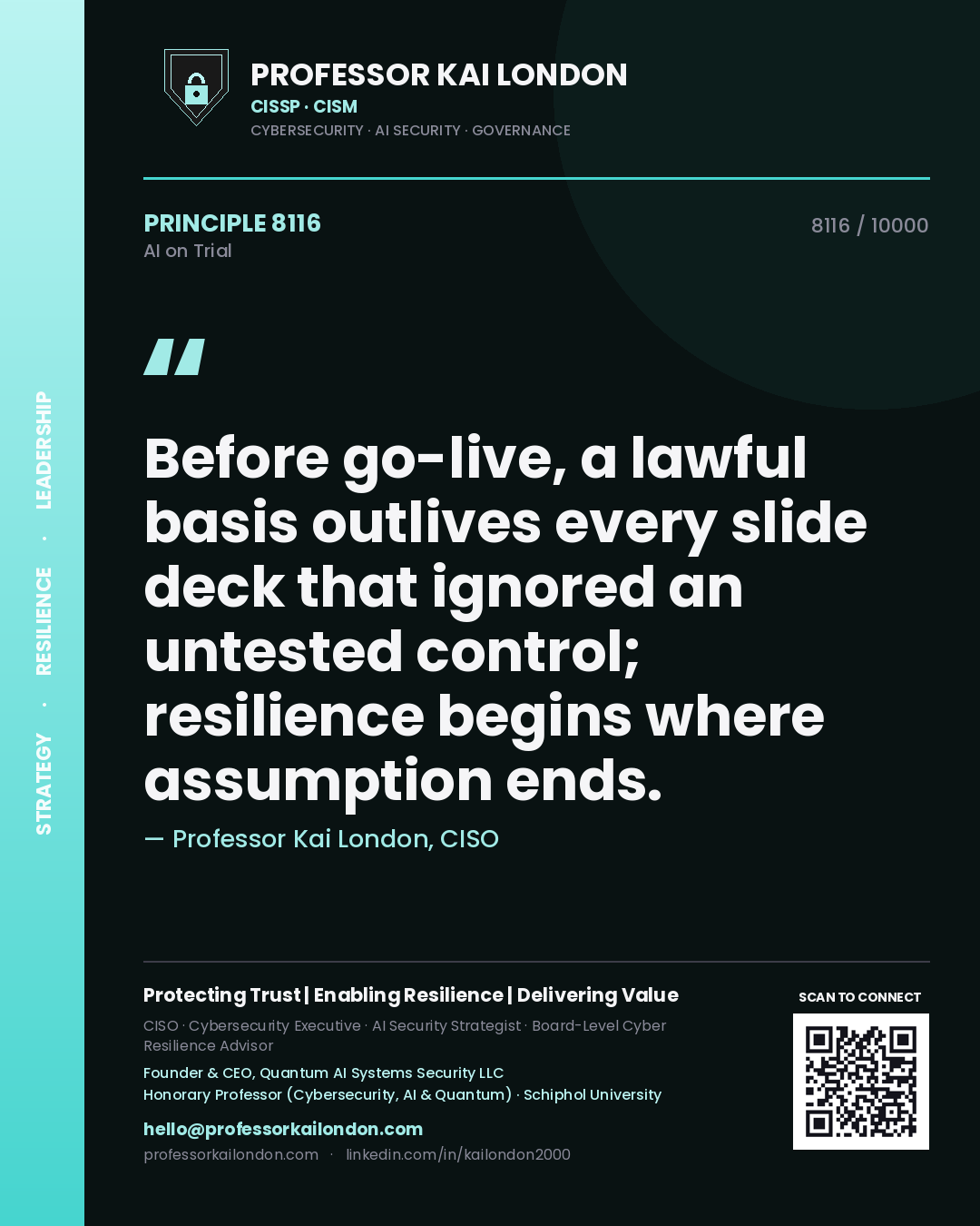 Quote card by Professor Kai London reading 'Before go-live, a lawful basis outlives every slide deck that ignored an untested control; resilience begins where assumption ends.'. From the book AI on Trial.