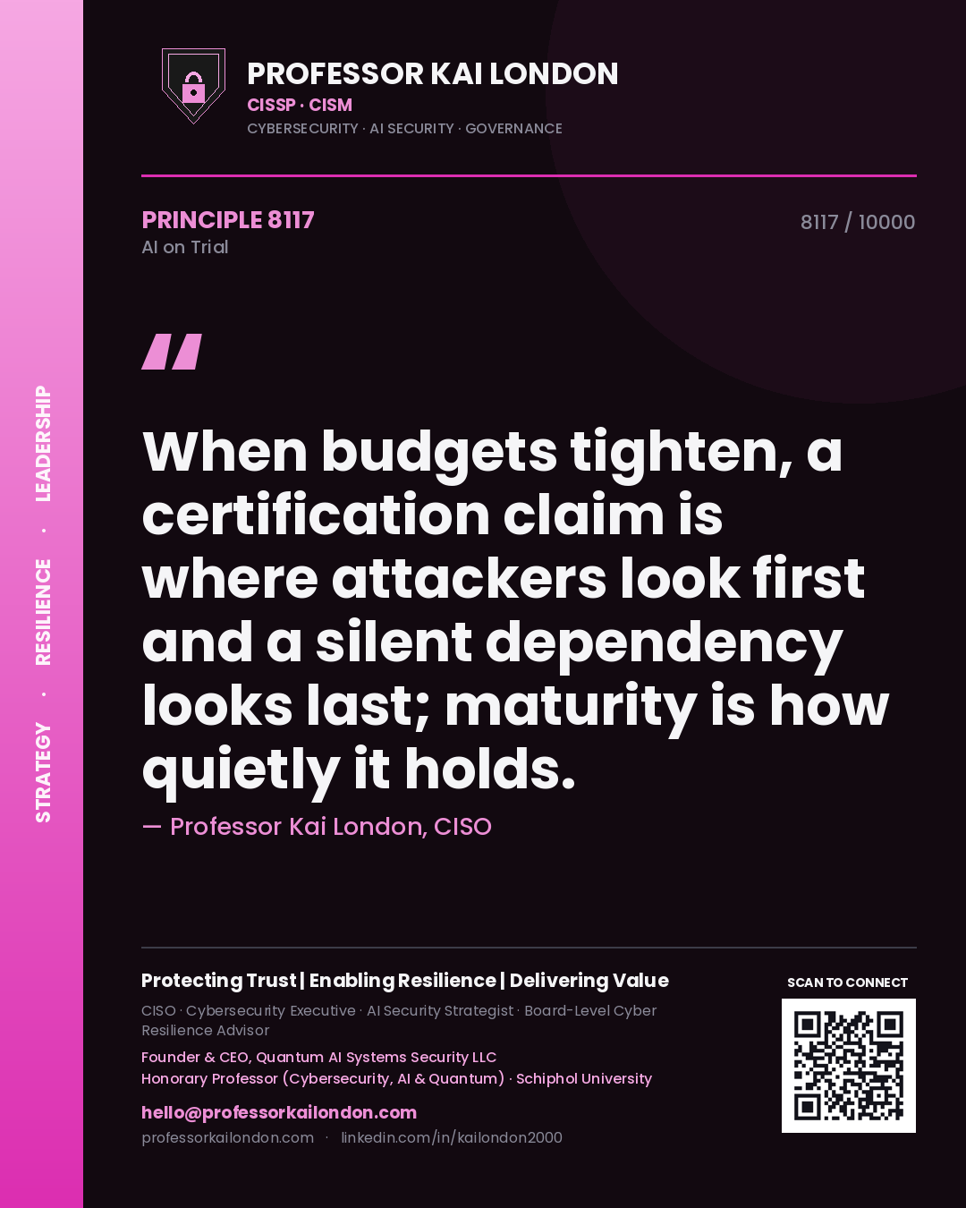 Quote card by Professor Kai London reading 'When budgets tighten, a certification claim is where attackers look first and a silent dependency looks last; maturity is how quietly it holds.'. From the book AI on Trial.