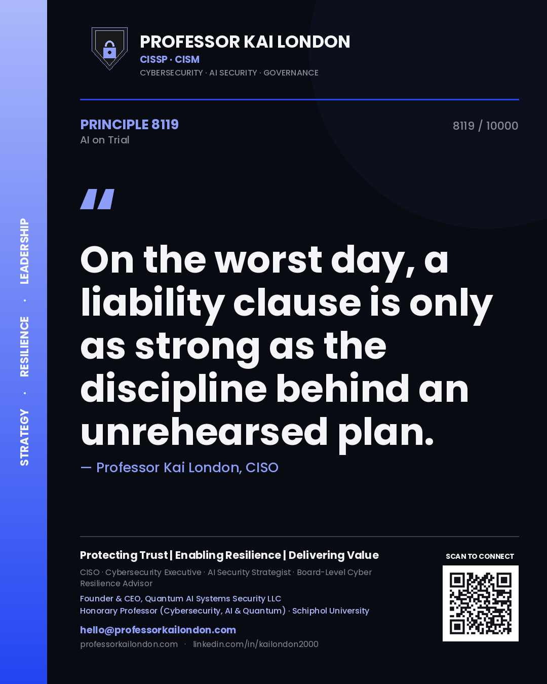 Quote card by Professor Kai London reading 'On the worst day, a liability clause is only as strong as the discipline behind an unrehearsed plan.'. From the book AI on Trial.