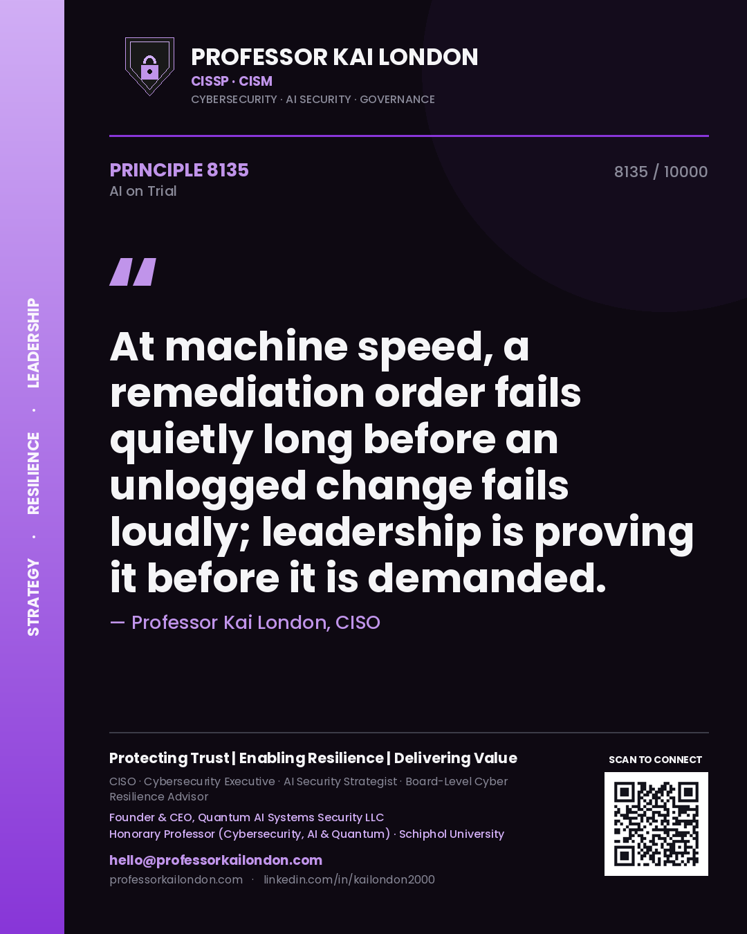 Quote card by Professor Kai London reading 'At machine speed, a remediation order fails quietly long before an unlogged change fails loudly; leadership is proving it before it is demanded.'. From the book AI on Trial.