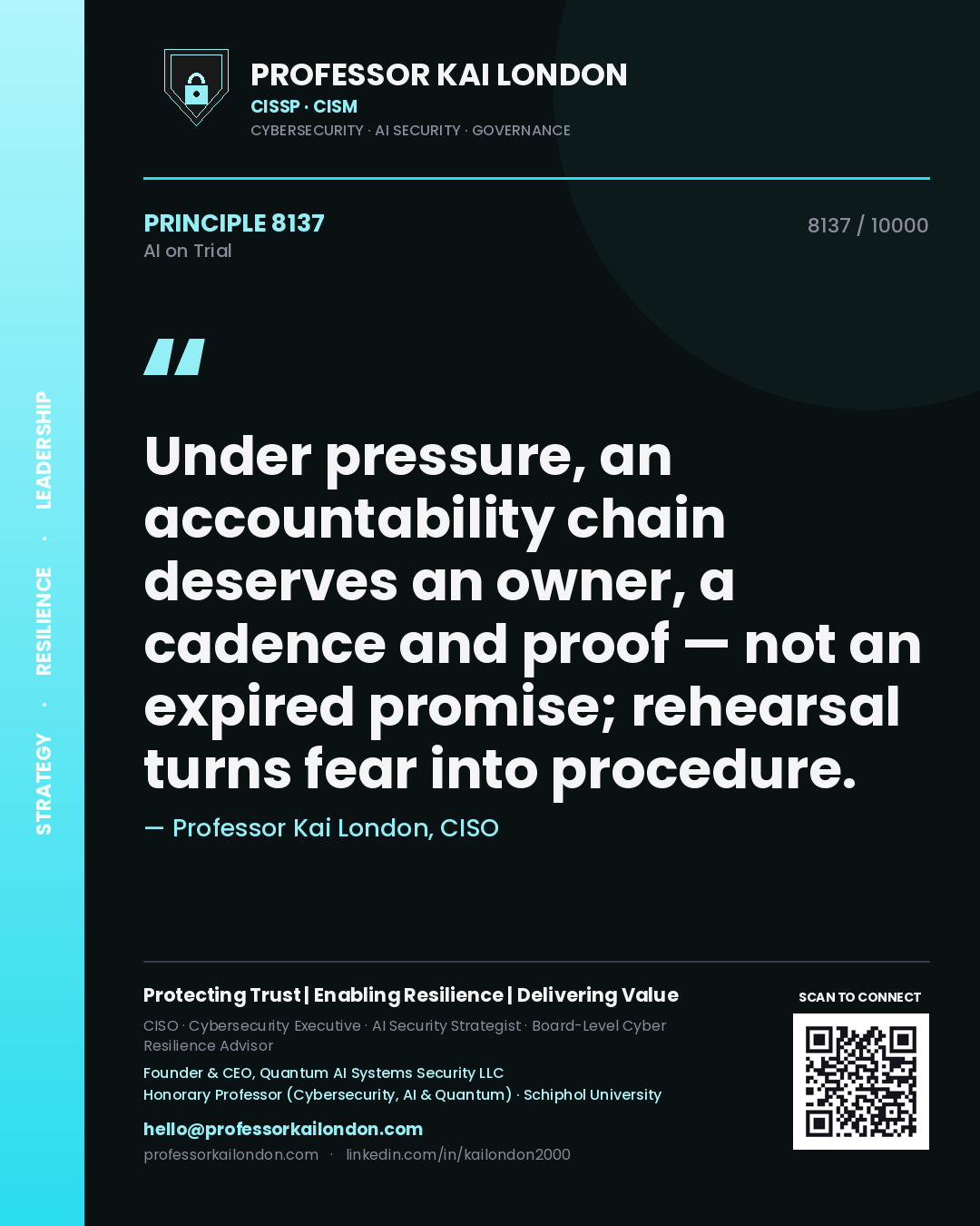 Quote card by Professor Kai London reading 'Under pressure, an accountability chain deserves an owner, a cadence and proof — not an expired promise; rehearsal turns fear into procedure.'. From the book AI on Trial.