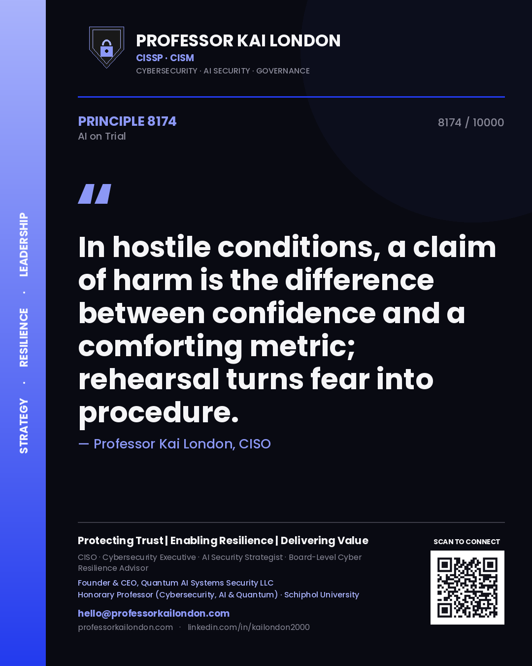 Quote card by Professor Kai London reading 'In hostile conditions, a claim of harm is the difference between confidence and a comforting metric; rehearsal turns fear into procedure.'. From the book AI on Trial.