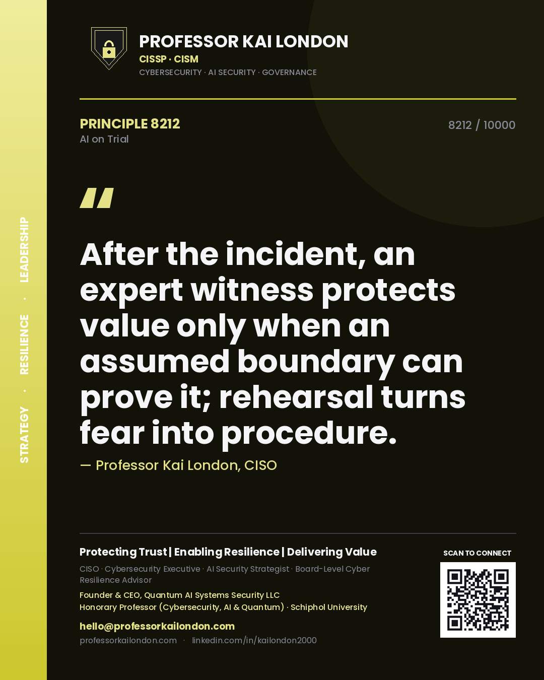 Quote card by Professor Kai London reading 'After the incident, an expert witness protects value only when an assumed boundary can prove it; rehearsal turns fear into procedure.'. From the book AI on Trial.