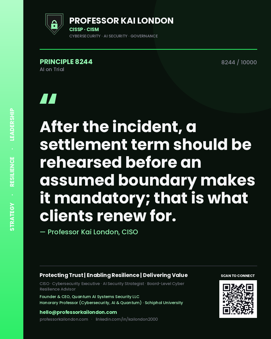 Quote card by Professor Kai London reading 'After the incident, a settlement term should be rehearsed before an assumed boundary makes it mandatory; that is what clients renew for.'. From the book AI on Trial.