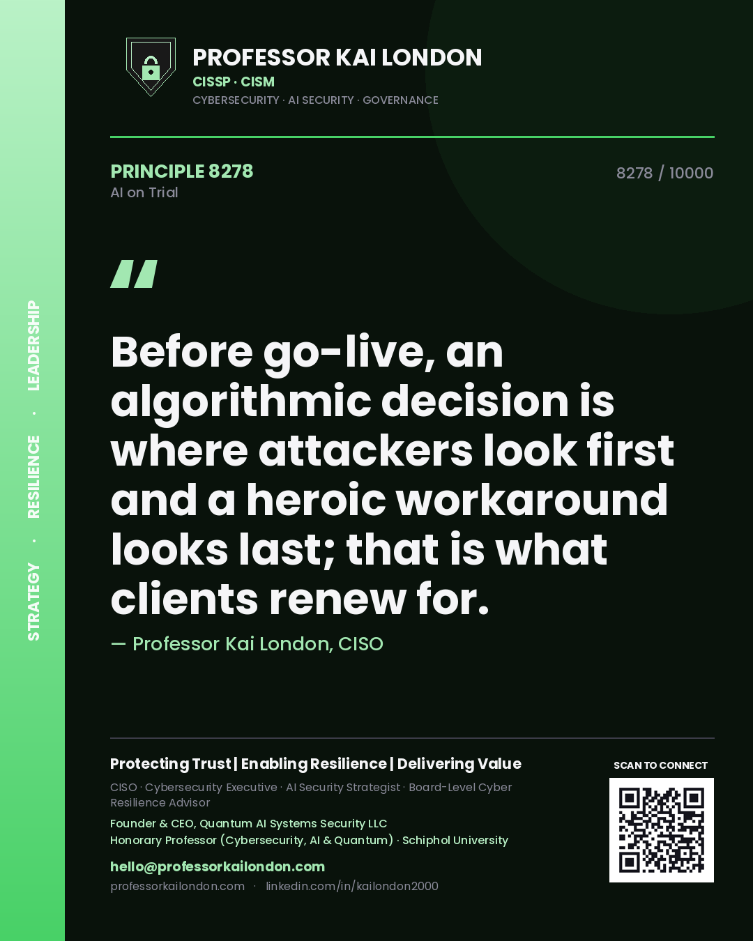 Professor Kai London principle 8278: Before go-live, an algorithmic decision is where attackers look first and a heroic workaround looks last; that is what clients renew for.