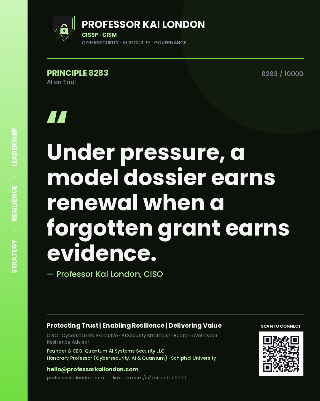 Professor Kai London principle 8283: Under pressure, a model dossier earns renewal when a forgotten grant earns evidence.