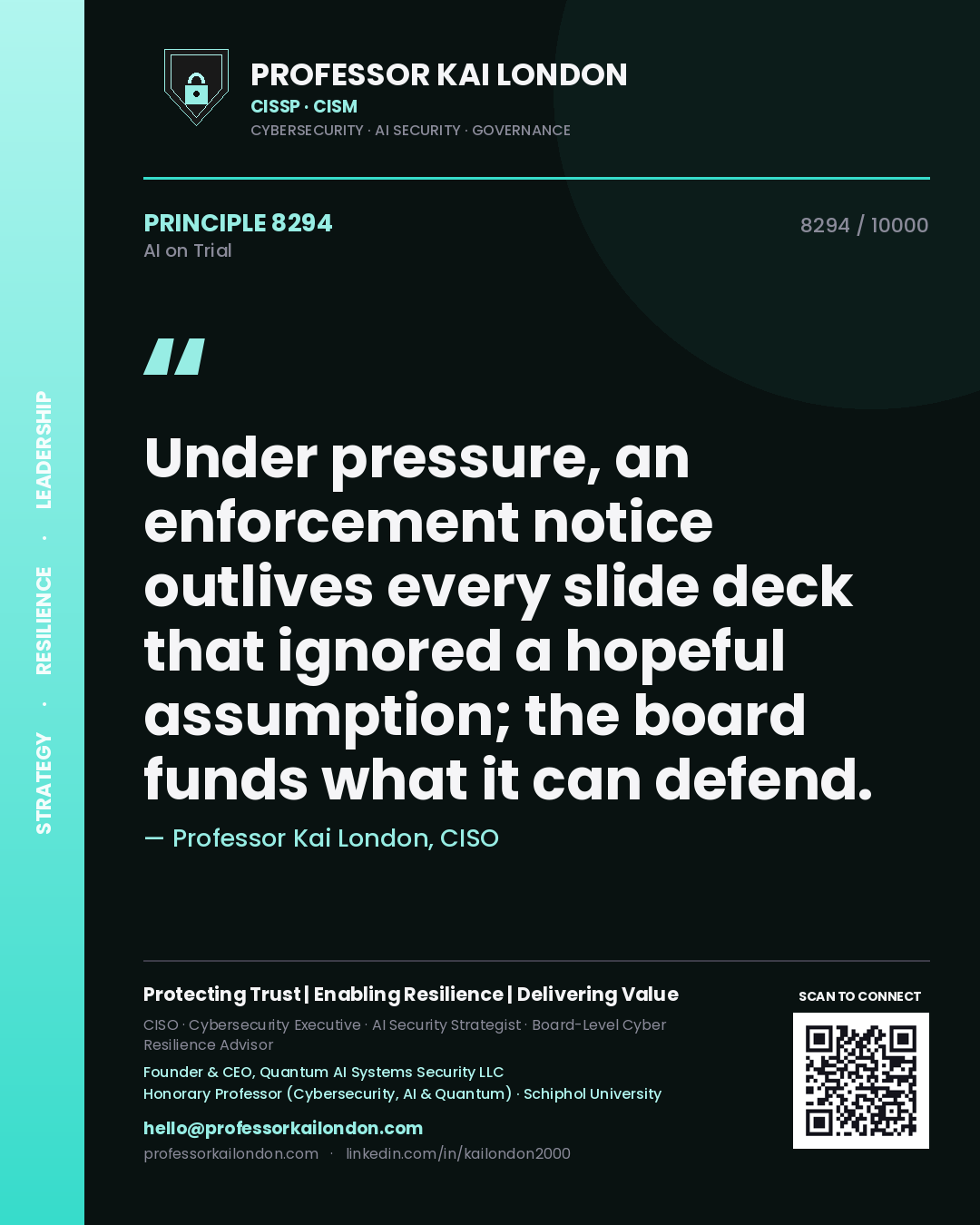 Professor Kai London principle 8294: Under pressure, an enforcement notice outlives every slide deck that ignored a hopeful assumption; the board funds what it can defend.