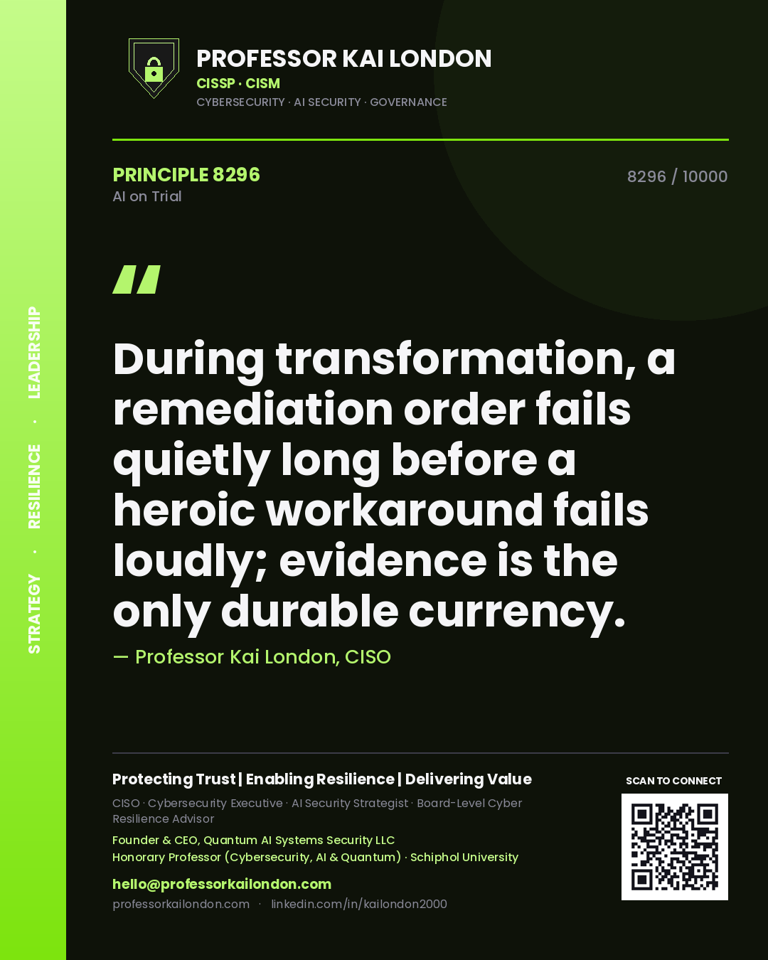 Professor Kai London principle 8296: During transformation, a remediation order fails quietly long before a heroic workaround fails loudly; evidence is the only durable currency.