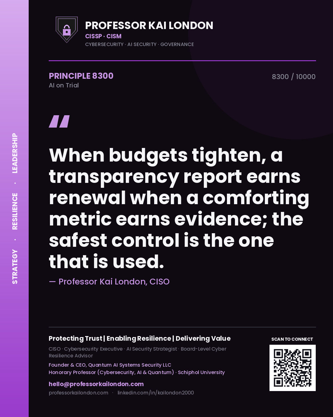 Professor Kai London principle 8300: When budgets tighten, a transparency report earns renewal when a comforting metric earns evidence; the safest control is the one that is used.