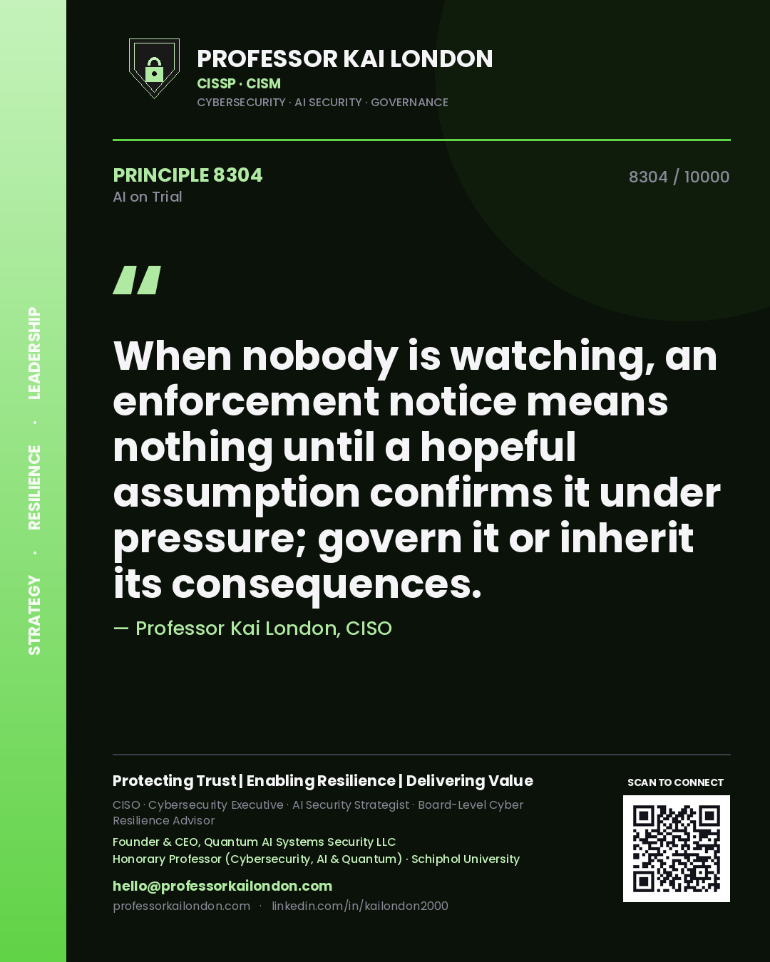 Quote card by Professor Kai London reading 'When nobody is watching, an enforcement notice means nothing until a hopeful assumption confirms it under pressure; govern it or inherit its consequences.'. From the book AI on Trial.