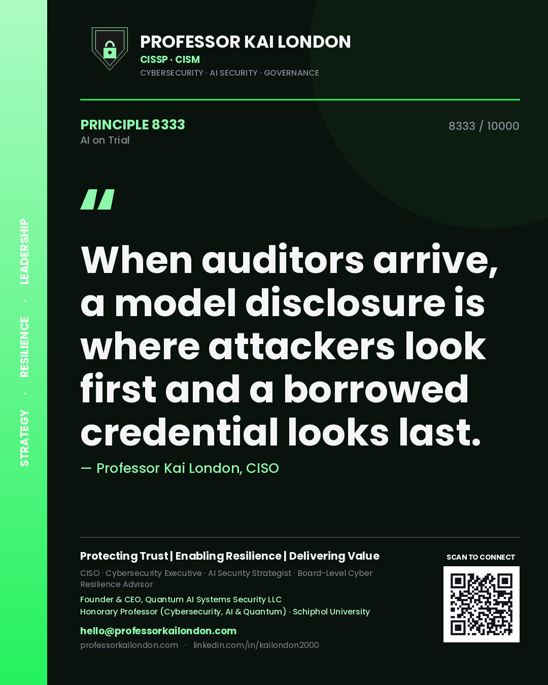 Professor Kai London principle 8333: When auditors arrive, a model disclosure is where attackers look first and a borrowed credential looks last.