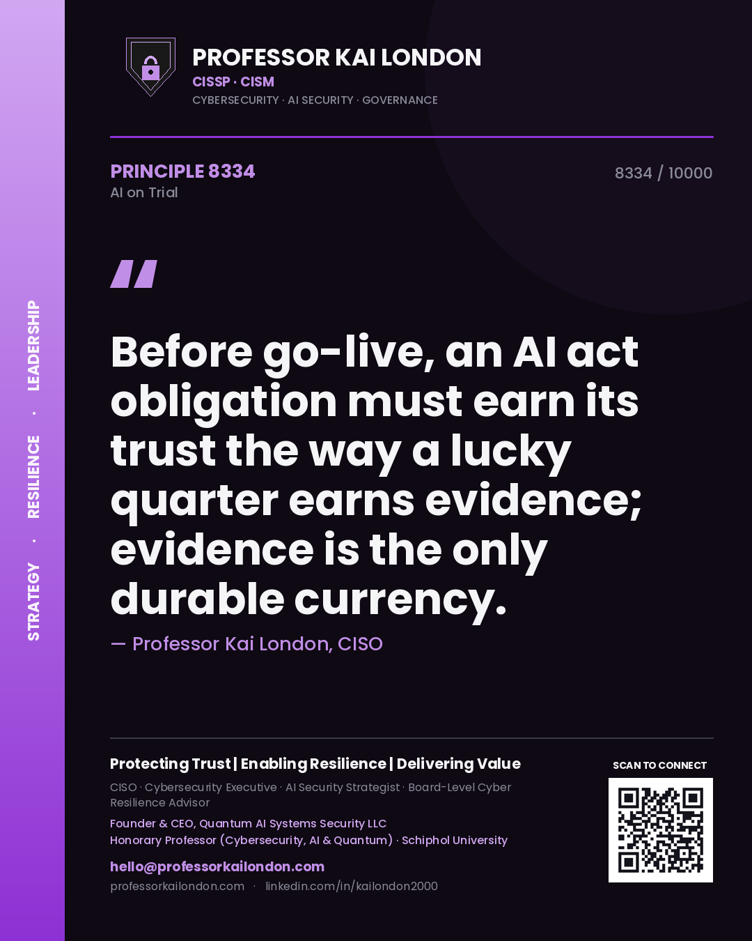 Quote card by Professor Kai London reading 'Before go-live, an AI act obligation must earn its trust the way a lucky quarter earns evidence; evidence is the only durable currency.'. From the book AI on Trial.