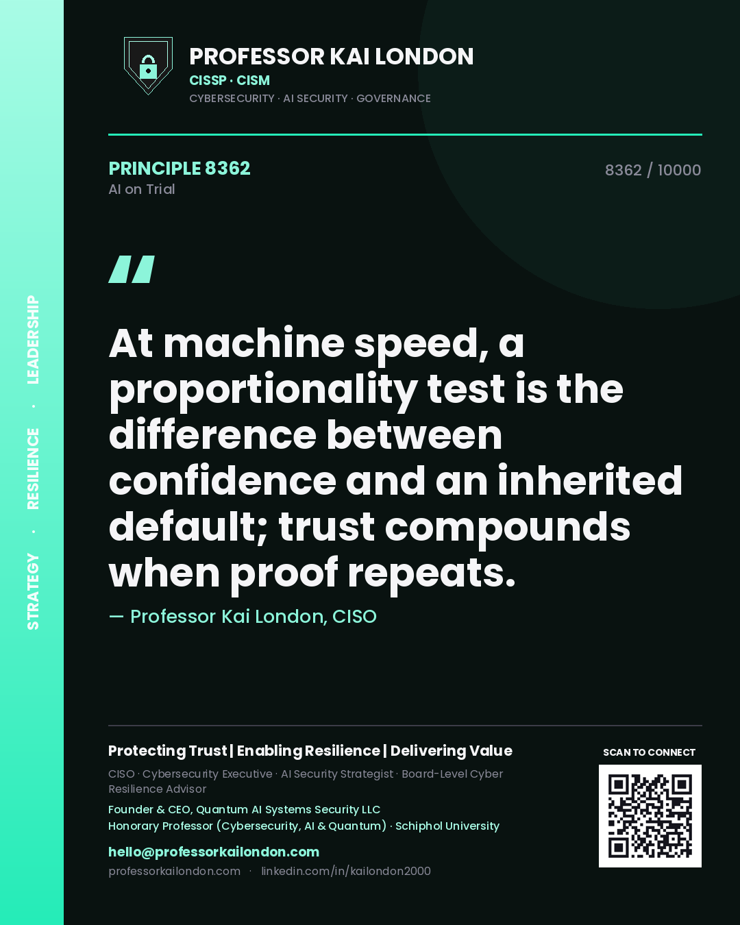 Quote card by Professor Kai London reading 'At machine speed, a proportionality test is the difference between confidence and an inherited default; trust compounds when proof repeats.'. From the book AI on Trial.