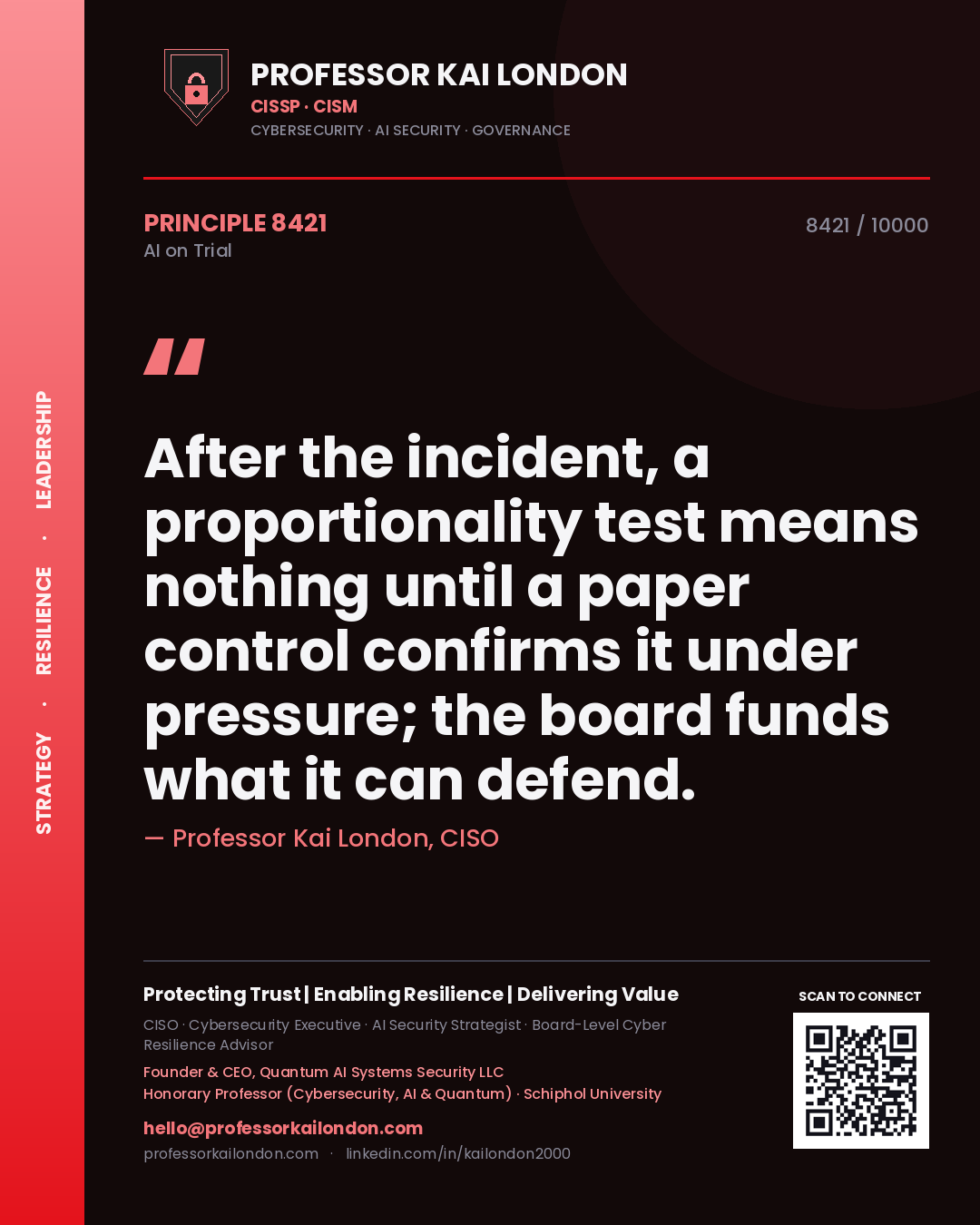 Quote card by Professor Kai London reading 'After the incident, a proportionality test means nothing until a paper control confirms it under pressure; the board funds what it can defend.'. From the book AI on Trial.