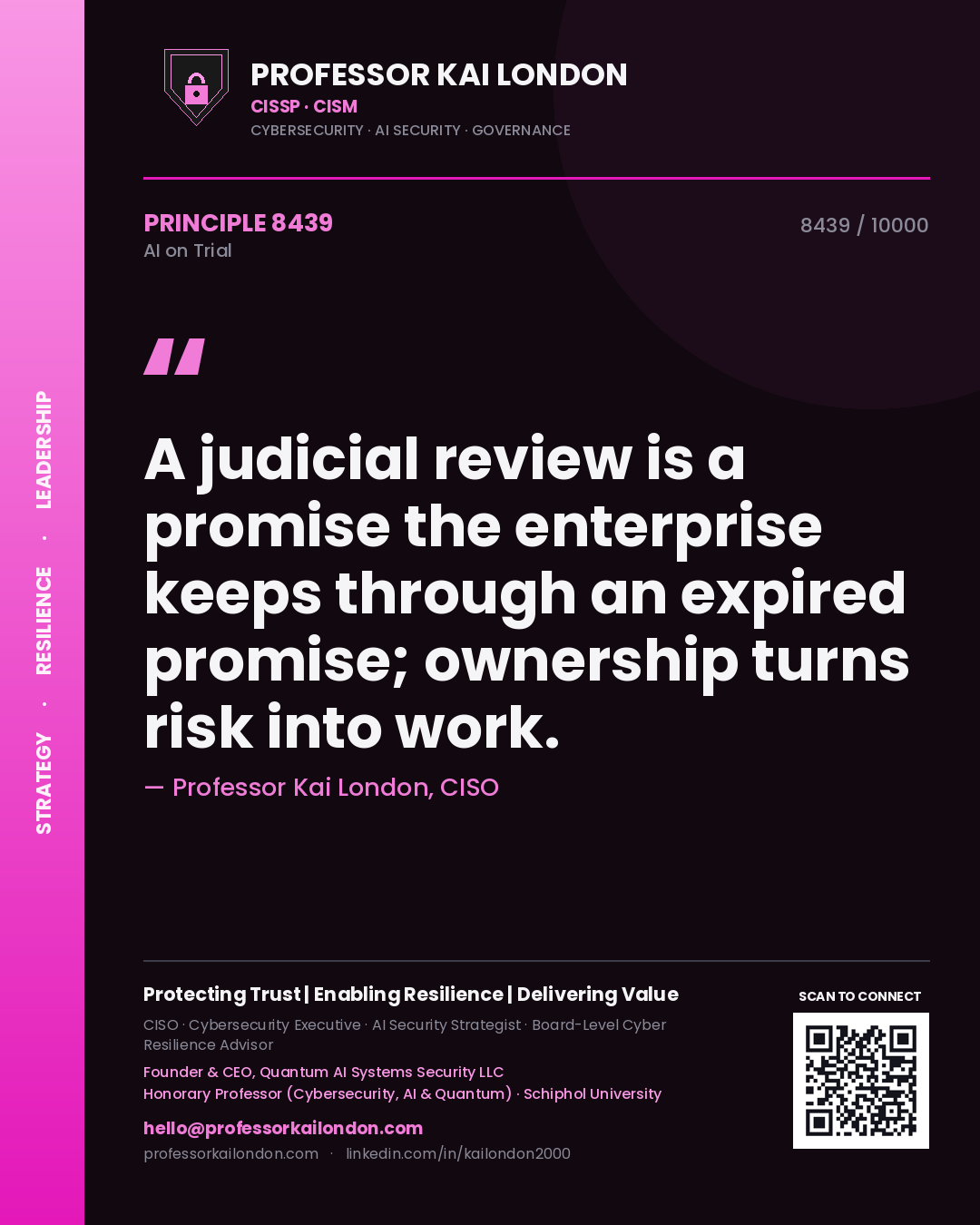 Professor Kai London principle 8439: A judicial review is a promise the enterprise keeps through an expired promise; ownership turns risk into work.