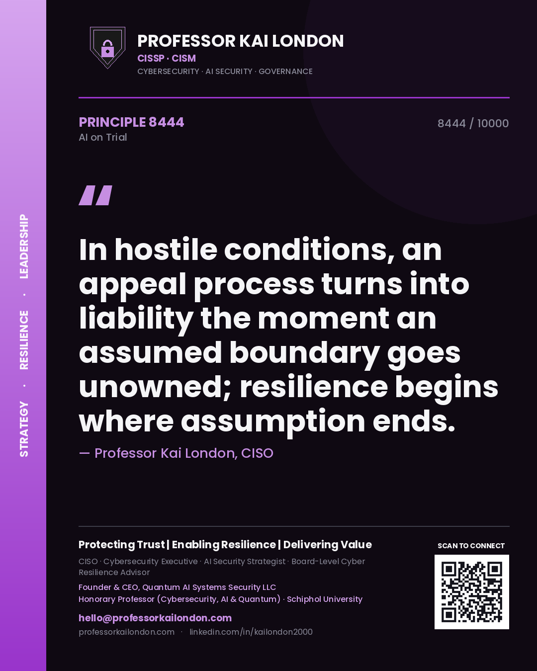 Professor Kai London principle 8444: In hostile conditions, an appeal process turns into liability the moment an assumed boundary goes unowned; resilience begins where assumption ends.