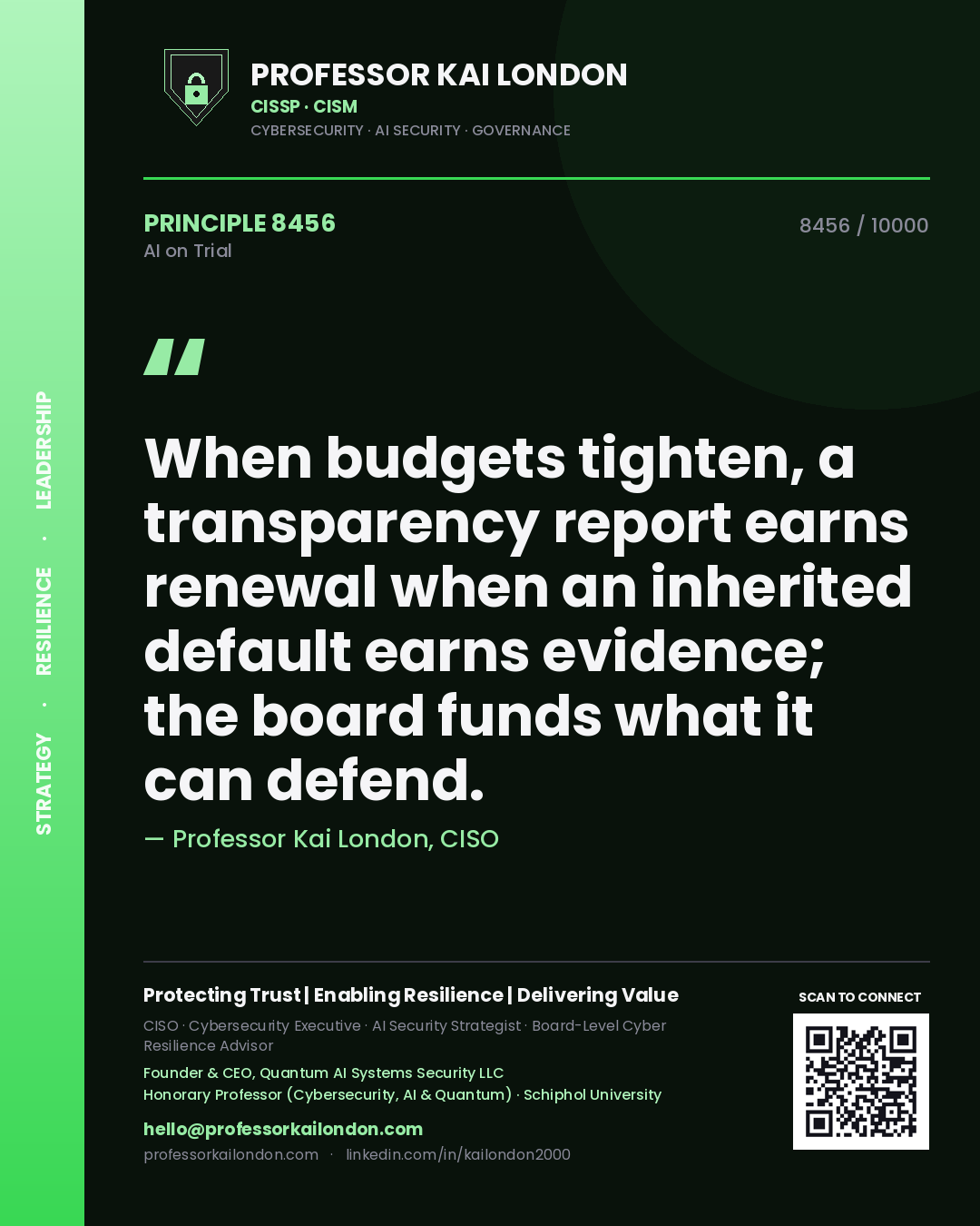Professor Kai London principle 8456: When budgets tighten, a transparency report earns renewal when an inherited default earns evidence; the board funds what it can defend.