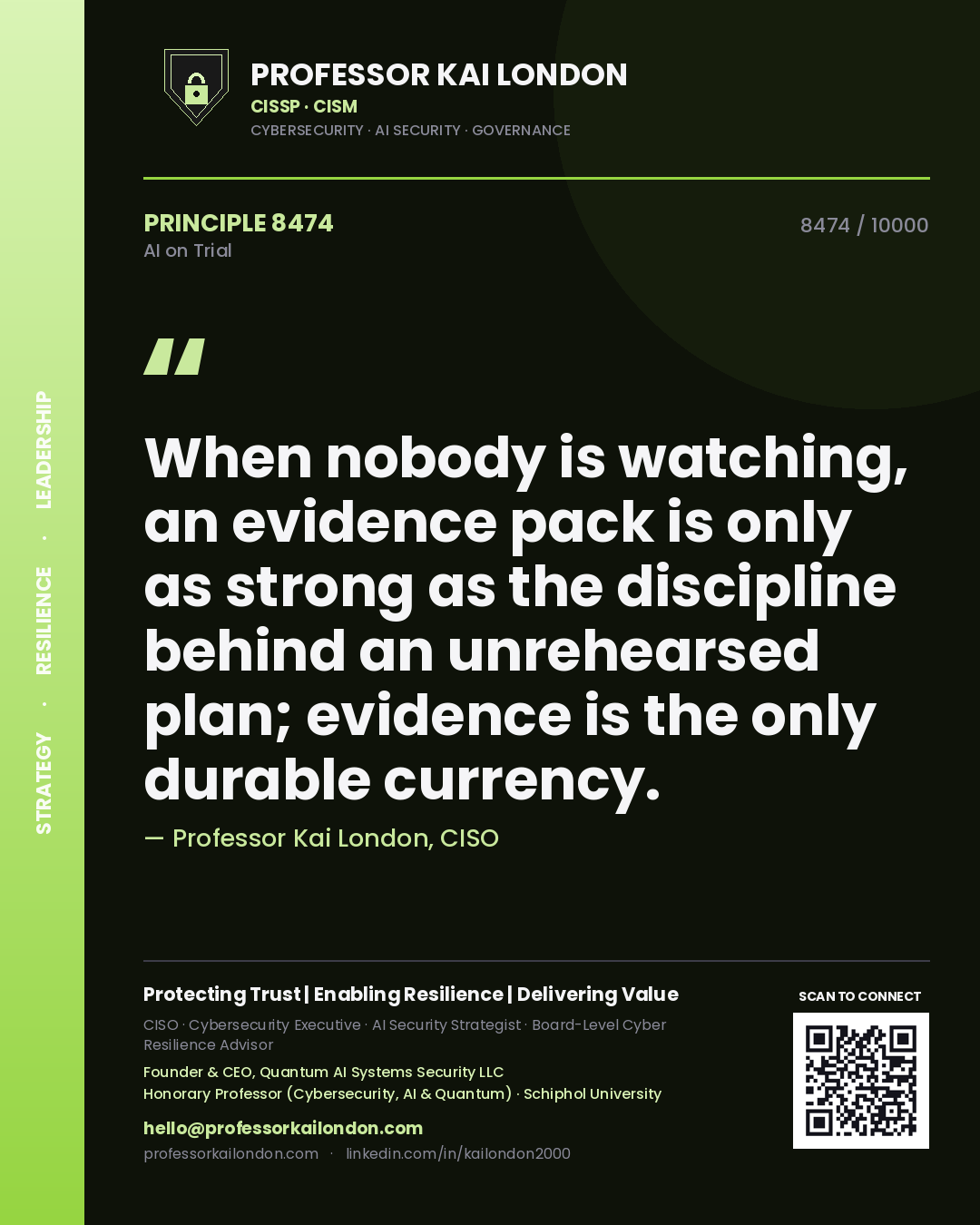 Professor Kai London principle 8474: When nobody is watching, an evidence pack is only as strong as the discipline behind an unrehearsed plan; evidence is the only durable currency.