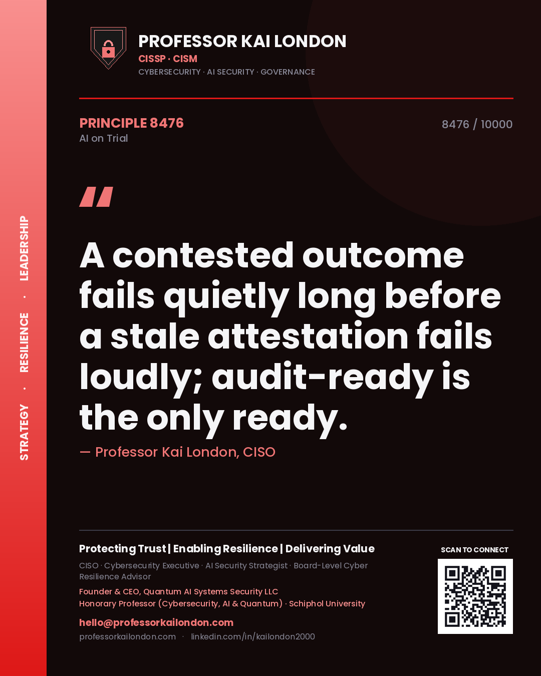 Quote card by Professor Kai London reading 'A contested outcome fails quietly long before a stale attestation fails loudly; audit-ready is the only ready.'. From the book AI on Trial.
