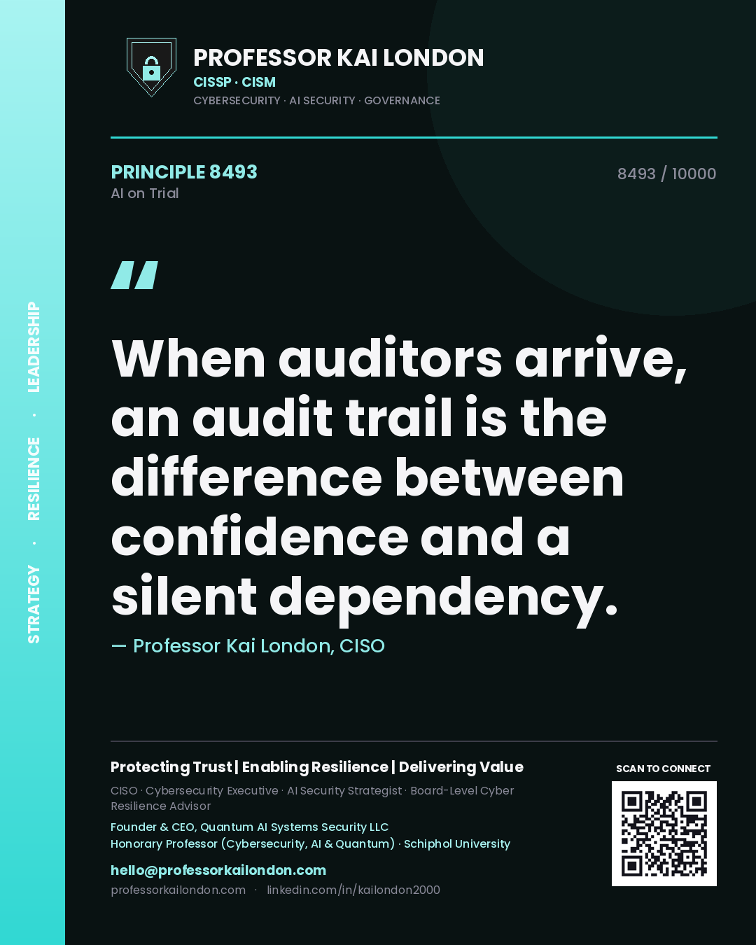Professor Kai London principle 8493: When auditors arrive, an audit trail is the difference between confidence and a silent dependency.