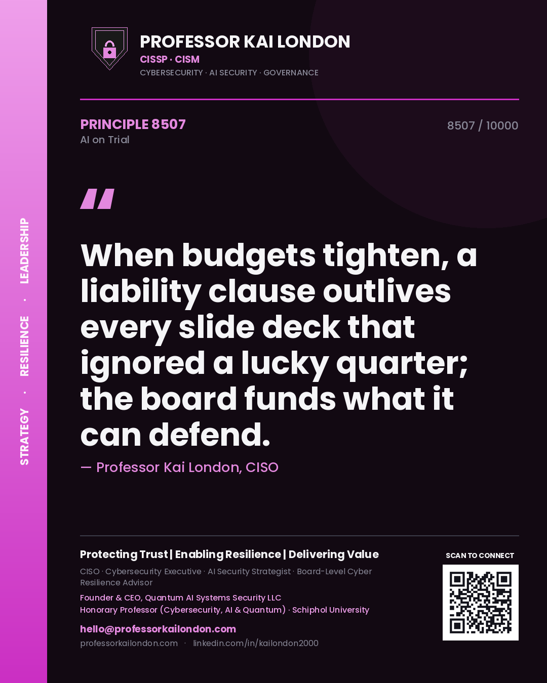 Quote card by Professor Kai London reading 'When budgets tighten, a liability clause outlives every slide deck that ignored a lucky quarter; the board funds what it can defend.'. From the book AI on Trial.