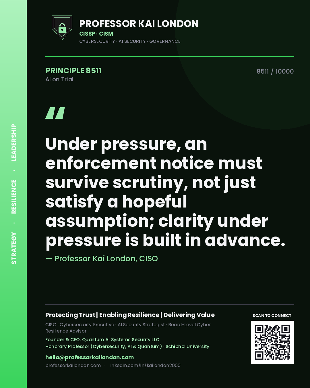 Quote card by Professor Kai London reading 'Under pressure, an enforcement notice must survive scrutiny, not just satisfy a hopeful assumption; clarity under pressure is built in advance.'. From the book AI on Trial.