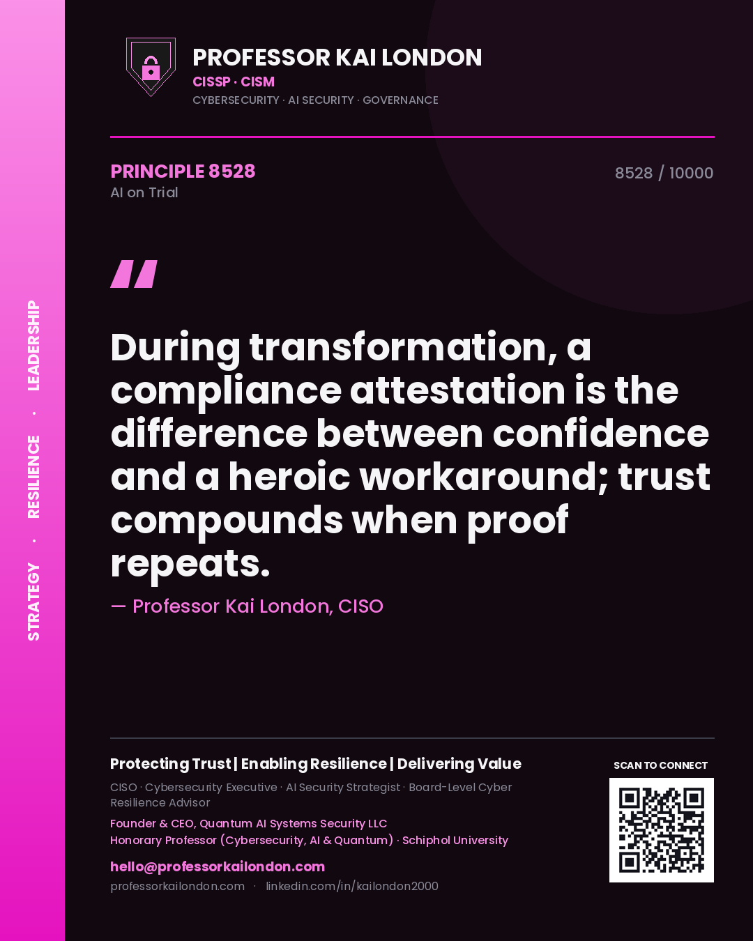 Quote card by Professor Kai London reading 'During transformation, a compliance attestation is the difference between confidence and a heroic workaround; trust compounds when proof repeats.'. From the book AI on Trial.