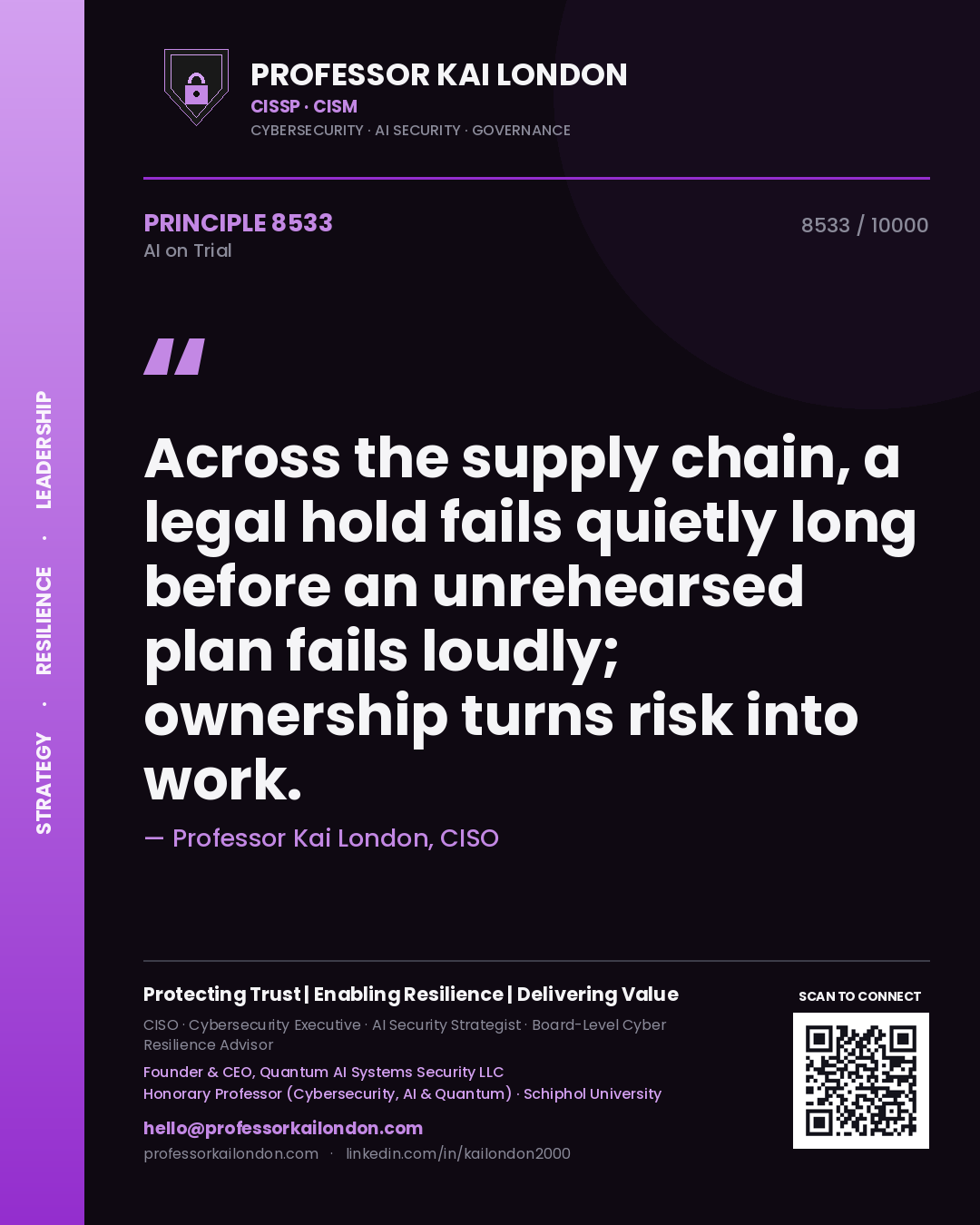 Quote card by Professor Kai London reading 'Across the supply chain, a legal hold fails quietly long before an unrehearsed plan fails loudly; ownership turns risk into work.'. From the book AI on Trial.